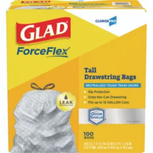 CLOROX SALES CO. GLAD CLO70427 ForceFlex Tall Kitchen Drawstring Trash Bags, 13 gal, 0.72 mil, Gray, 23.75" x 24.88", Carton of 100