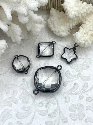 Crystal Gunmetal Soldered Pendants and Connectors. Square, Round & Star Shapes, 4 Styles to choose from, Crystal Connectors. Fast Shipping