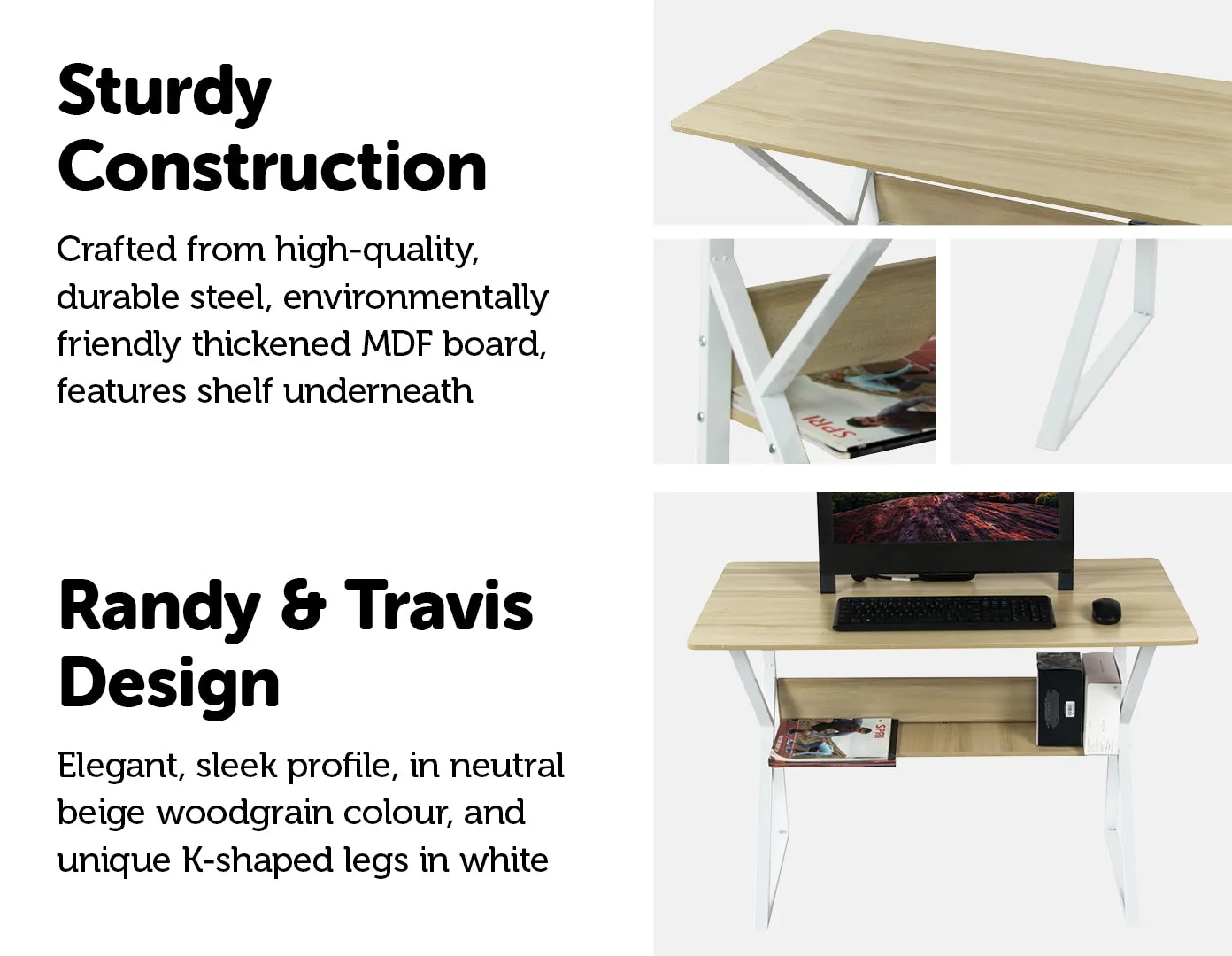 Durable Wood & Metal Computer Desk with Shelf - Randy & Travis