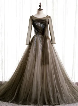 Gray Tulle Long Sleeve Pleats Beading Prom Dress