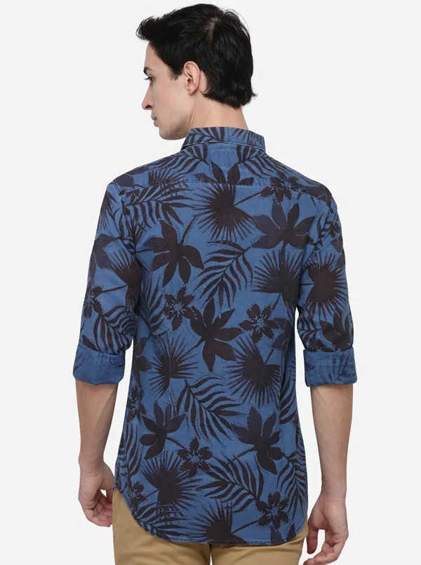 Indigo Blue Slim Fit Printed Casual Shirt | JadeBlue