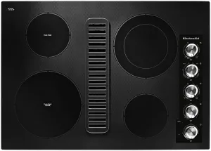 KitchenAid KCED600GBL 30 Inch Electric Downdraft Cooktop with 4 Elements, Ceramic Glass Surface, Even-Heat™ Ultra Element, Ultra Power™ Double-Ring Element, Downdraft Ventilation, Hot Surface Indicator, and UL Listed: Black