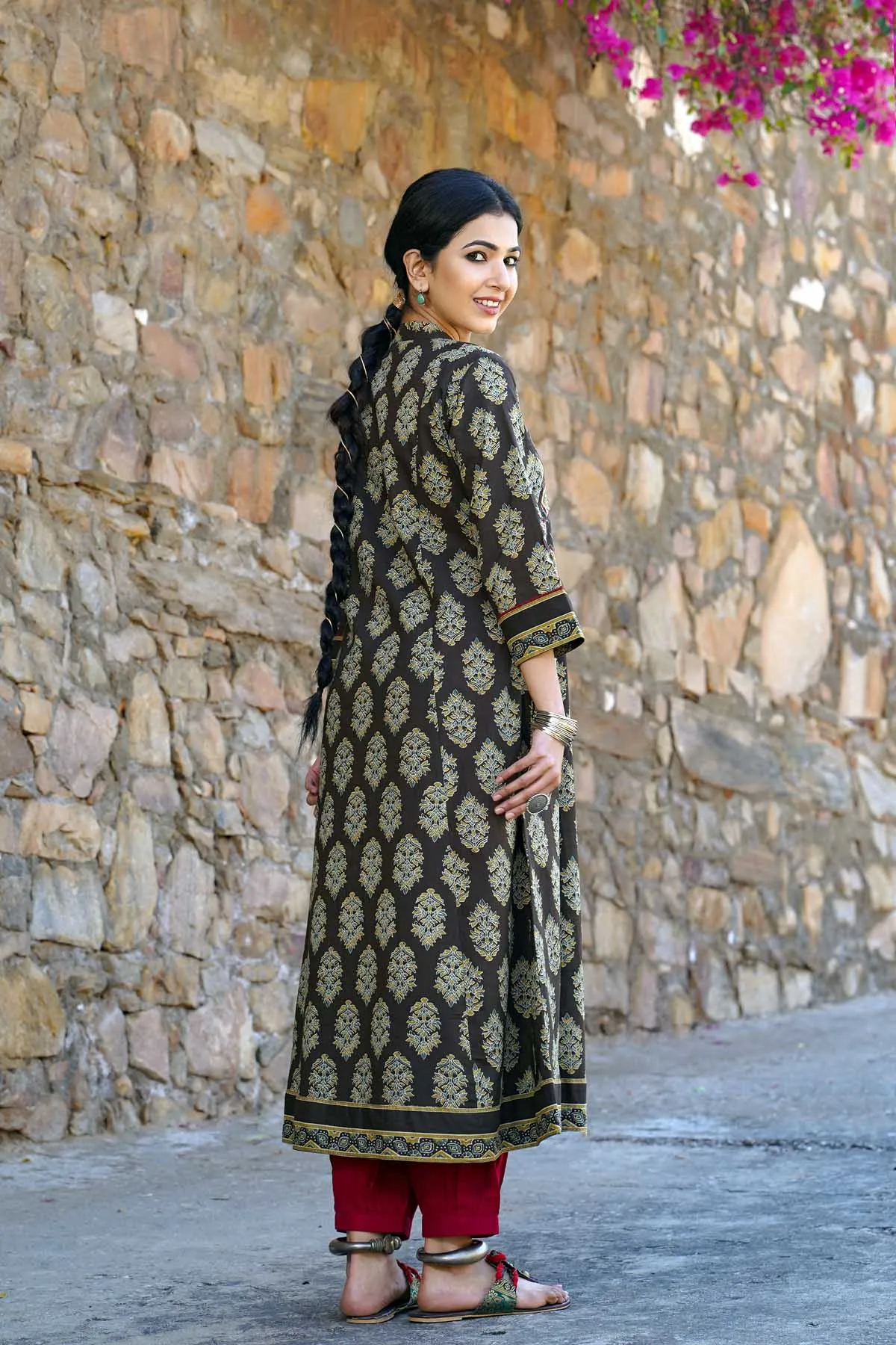 Long Length / A-Line Collared Kurta in Dark Brown Color