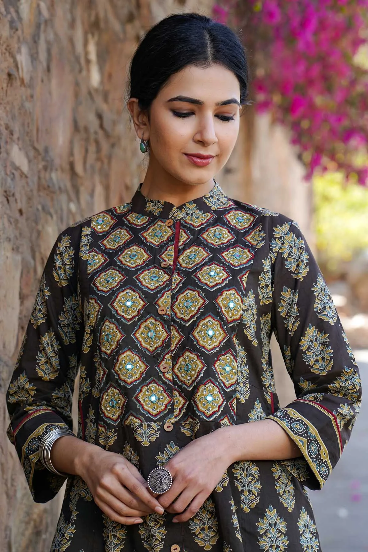 Long Length / A-Line Collared Kurta in Dark Brown Color