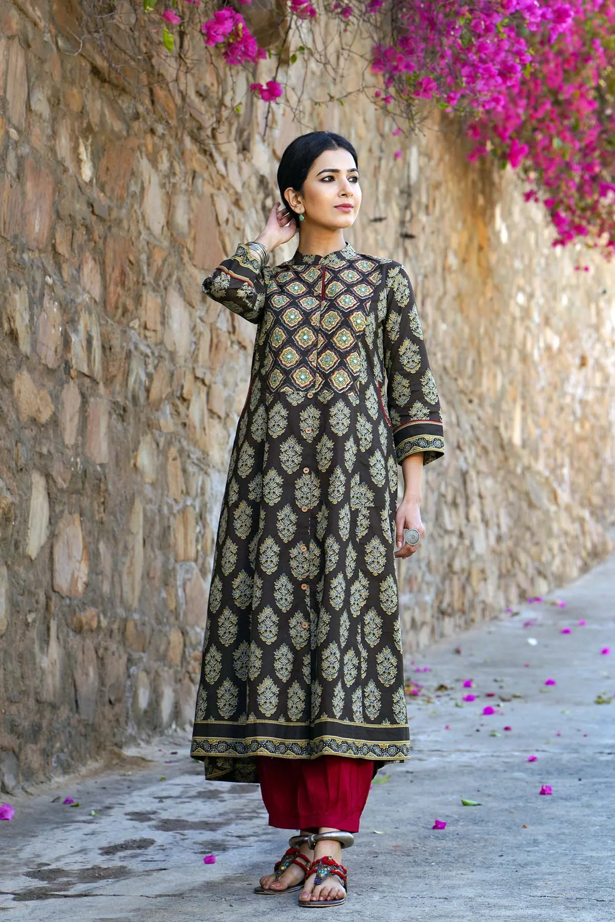 Long Length / A-Line Collared Kurta in Dark Brown Color