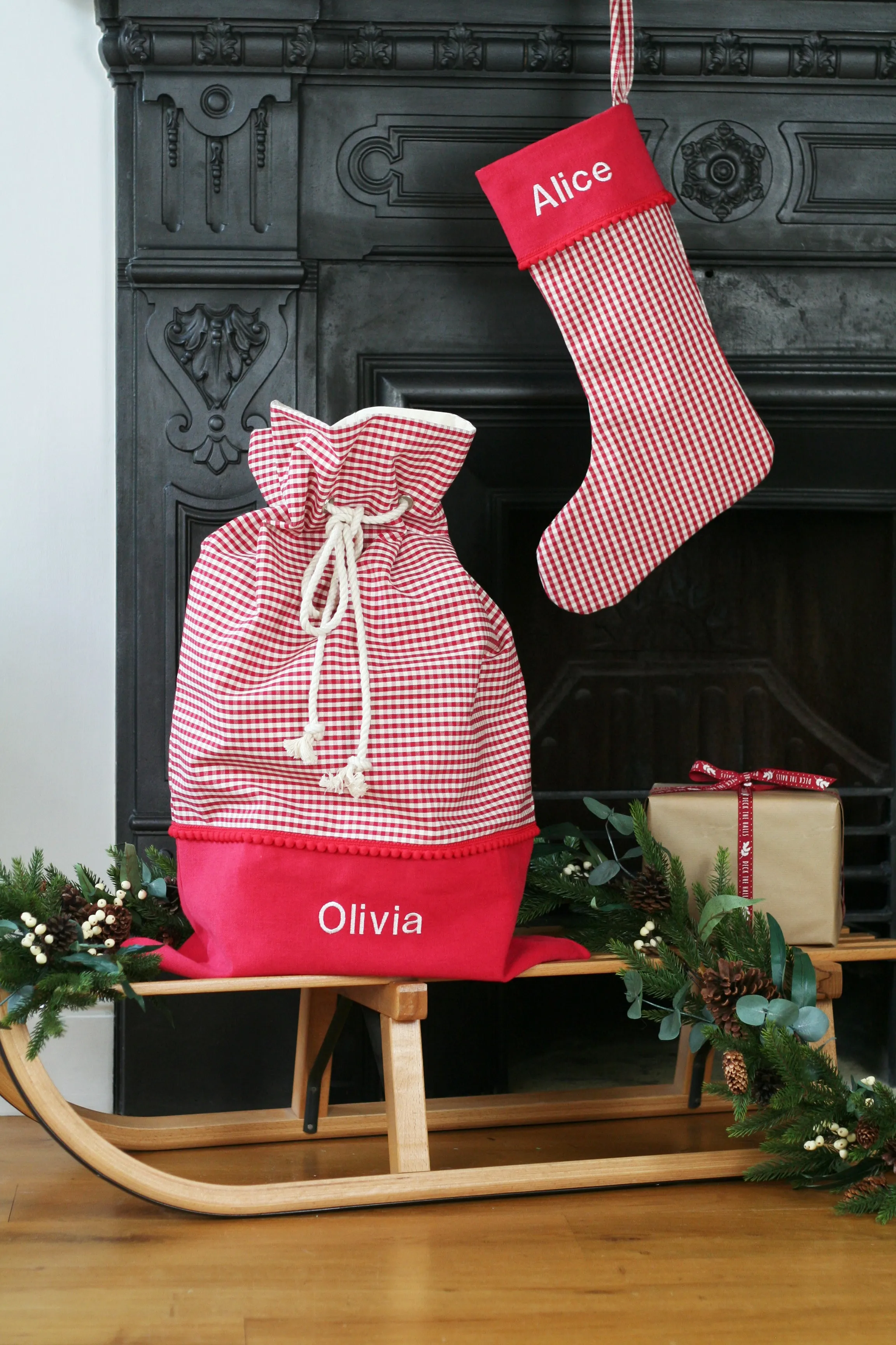 Personalised Christmas Stocking and Santa Sack Set GINGHAM CHECKS