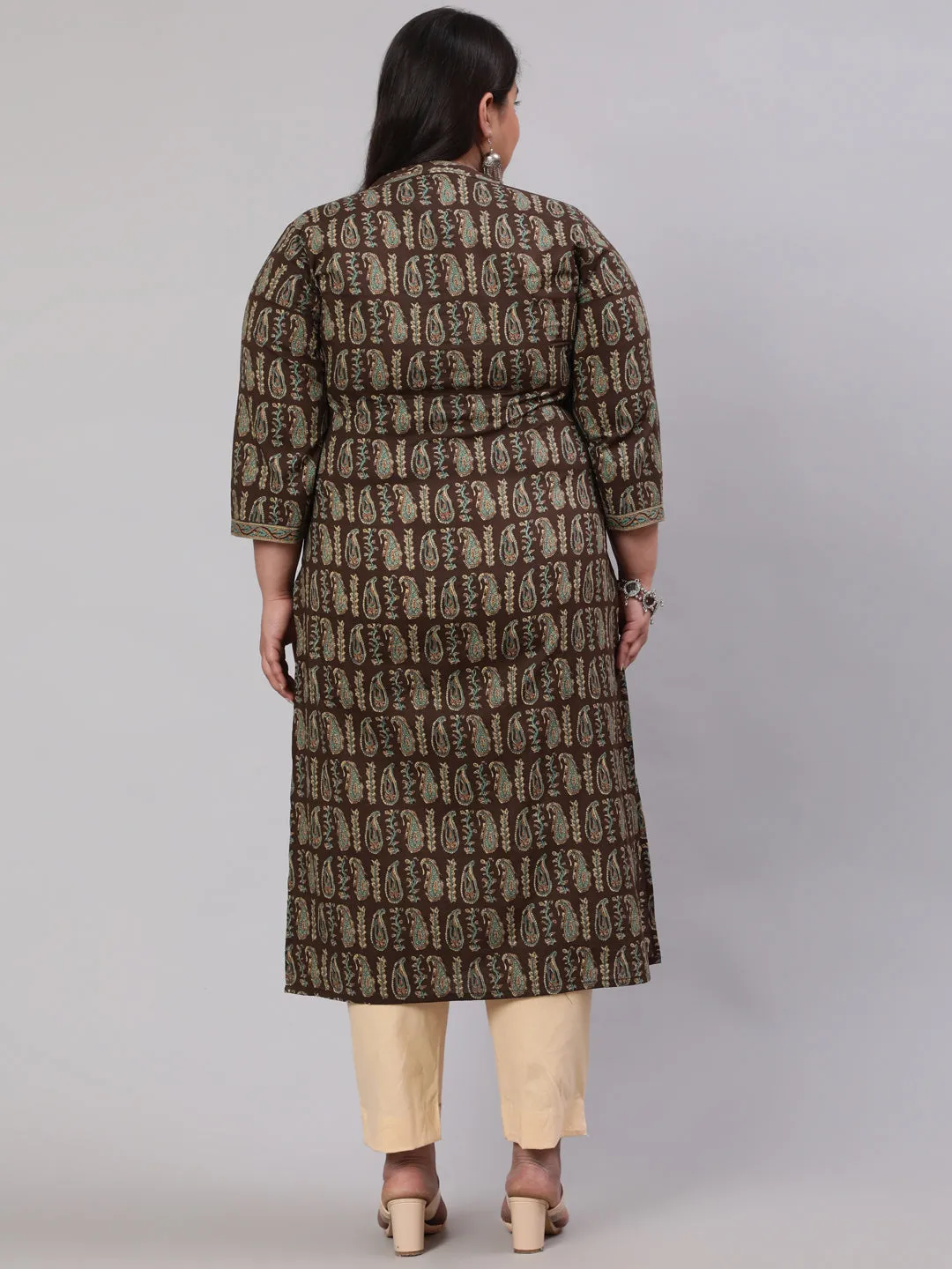 Plus Size Women  Dark Brown Printed Straight Kurta With Three Quarters Sleeves