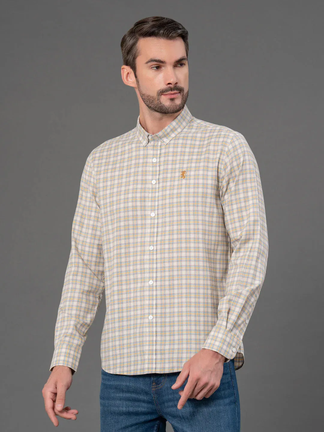 RedTape Light Khaki Checked Shirt for Men | Classic & Versatile